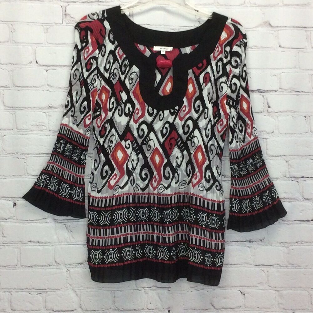 Nicola Tunic Women’s Sz M Geometric Multicolor Bell Sleeves Pleated Keyhole Neck